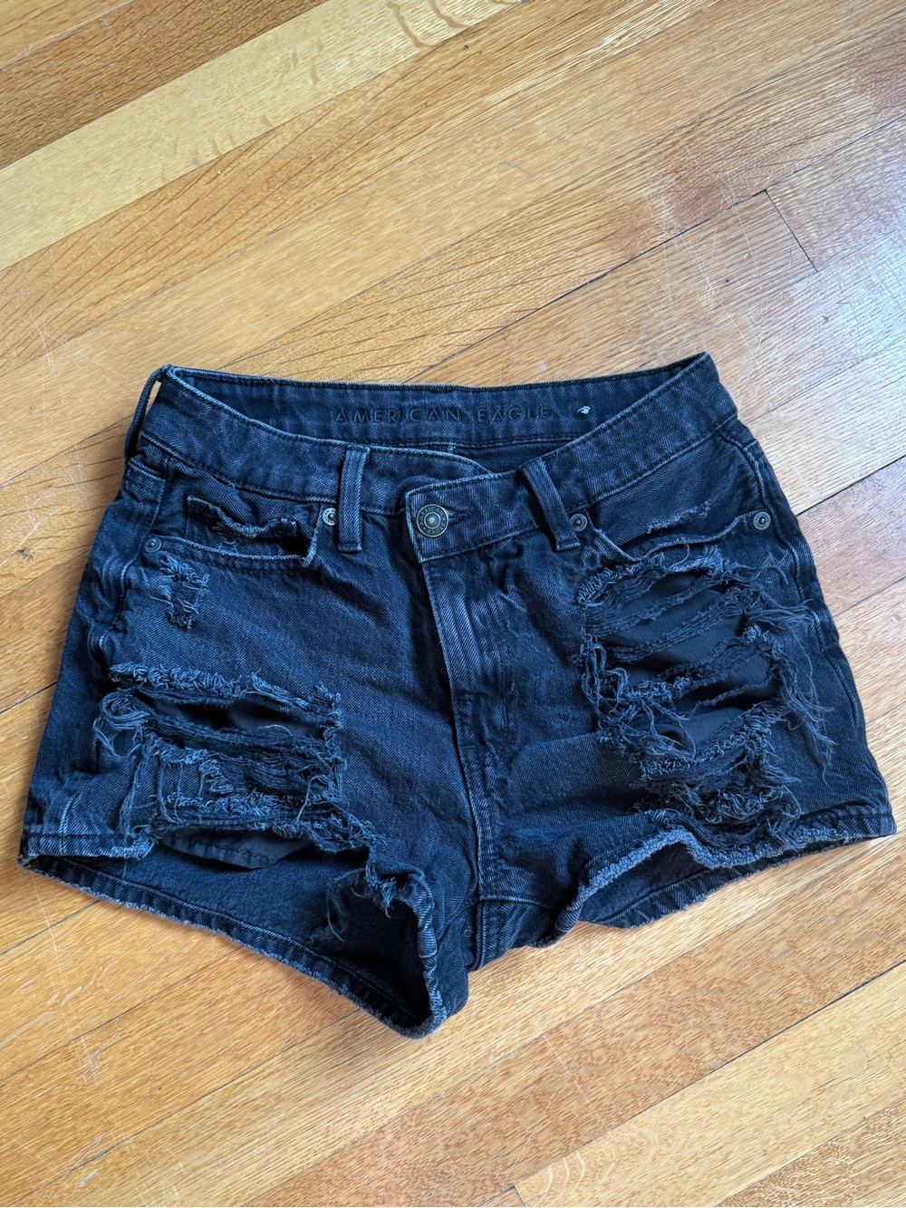American Eagle Outfitters Black Distressed High-Rise Denim Shorts